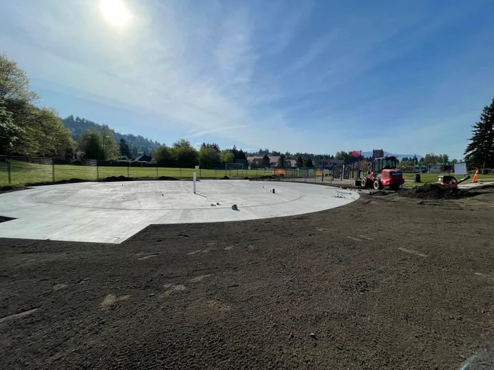 Crossley Park splash pad during construction. This historical project photo does not show current operating conditions. Photo date not stated.